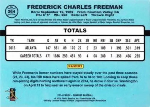 Original gloss baseball trading card of Freddie Freeman NMMT from Donruss Series 2014