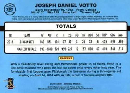 Baseball card with player statistics from Donruss Series 2 featuring Joey Votto NMMT