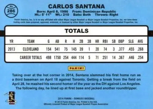 2014 Donruss Series 2 #286 Carlos Santana NMMT Indians - Baseball Card Single