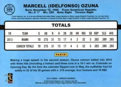 Original gloss Marcell Ozuna baseball card from 2014 Donruss Series 2 Marlins