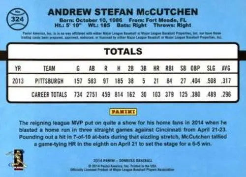 2014 Donruss Series 2 #324 Andrew McCutchen NMMT Pirates - Baseball Card Single