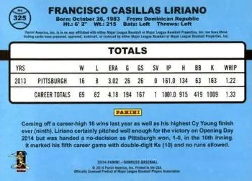 Baseball card back featuring Francisco Liriano from 2014 Donruss Series 2 Simply Sandoval original gloss