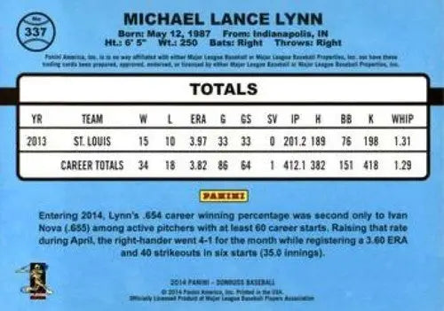 Baseball card back showcasing original gloss from Donruss Series 2 Lance Lynn Cardinals