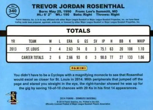 Baseball card back from 2014 Donruss Series 2 Trevor Rosenthal Cardinals with original gloss