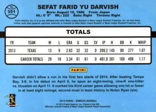 Baseball player’s statistics card from 2014 Donruss Series 2 Yu Darvish NMMT Rangers