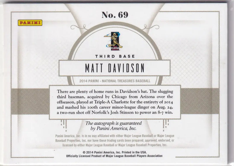 2014 NATIONAL TREASURE #69 MATT DAVIDSON BALL SIGNATURES /99- CHICAGO WHITE SOX - Baseball Card Single