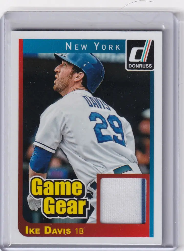 Baseball trading card of Ike Davis with jersey fragment from Panini Donruss Relic Game Gear