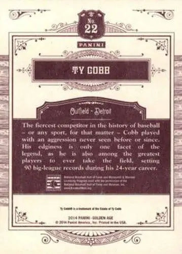 2014 Panini Golden Age #22 Ty Cobb NMMT Tigers ID:6954 - Baseball Card Single