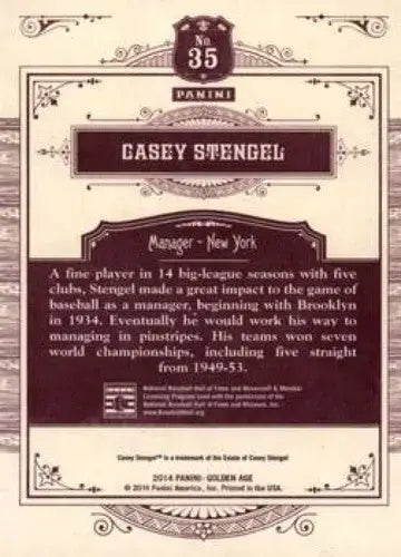 2014 Panini Golden Age #35 Casey Stengel NMMT Yankees ID:6961 - Baseball Card Single