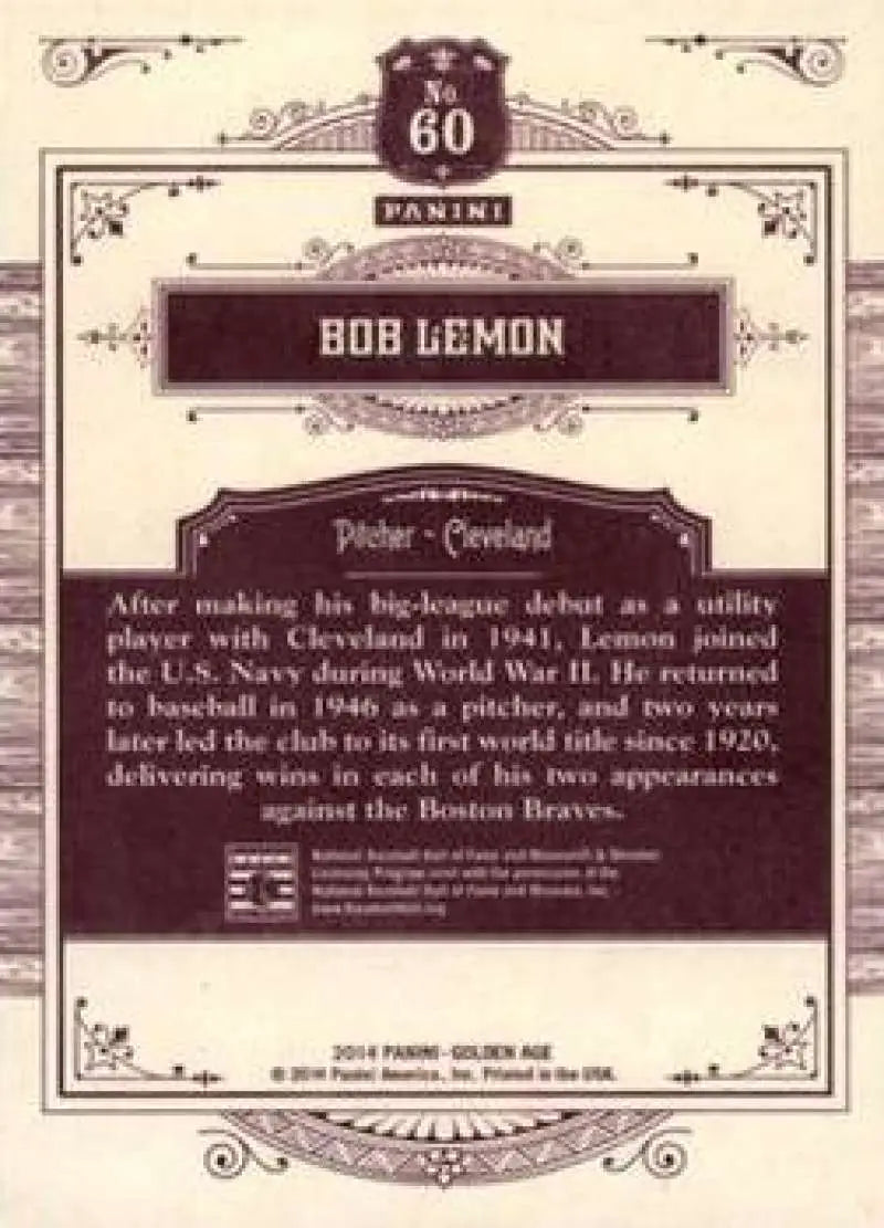 2014 Panini Golden Age #60 Bob Lemon NMMT Indians ID:6974 - Baseball Card Single