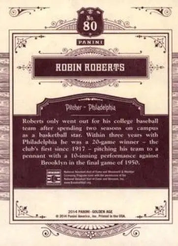2014 Panini Golden Age #80 Robin Roberts NMMT Phillies ID:6987 - Baseball Card Single