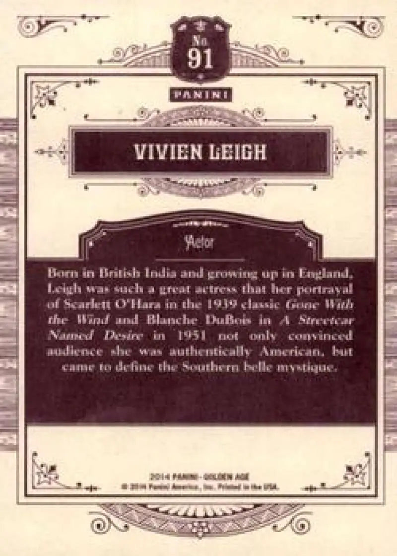 2014 Panini Golden Age #91 Vivien Leigh NMMT ID:6993 - Non-Sports Card Single