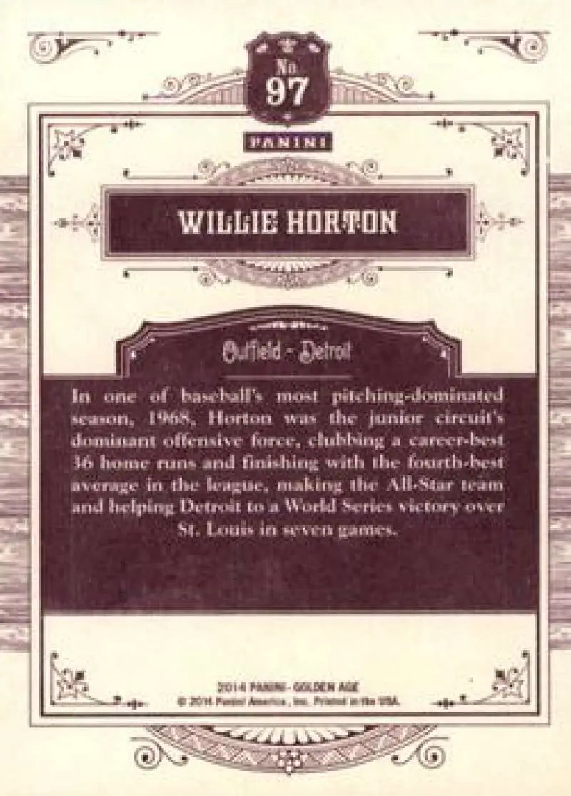 2014 Panini Golden Age #97 Willie Horton NMMT Tigers ID:6998 - Baseball Card Single