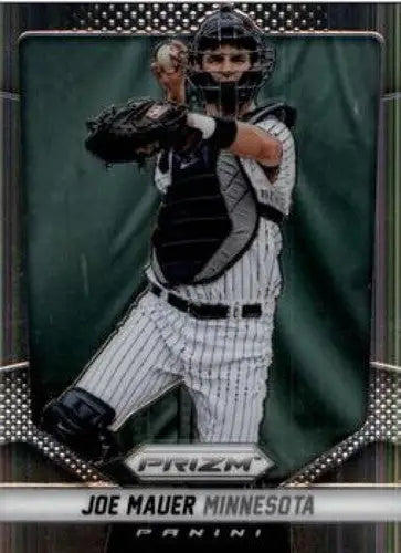 Panini Prizm Joe Mauer baseball card with original gloss in catcher’s uniform
