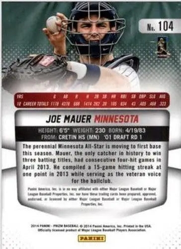 2014 Panini Prizm Joe Mauer baseball card with original gloss, Twins #104