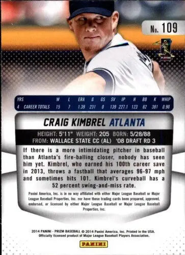 2014 Panini Prizm Craig Kimbrel baseball card with original gloss Braves ID 15207