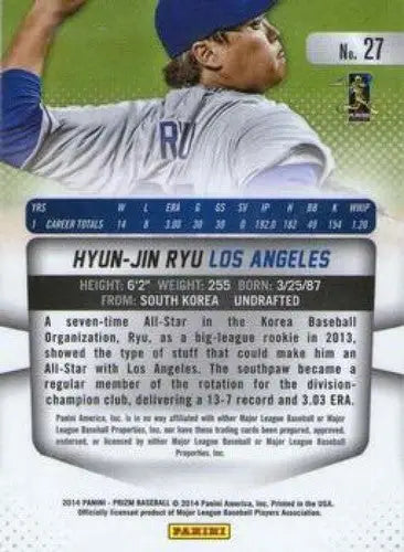 Baseball card back from 2014 Panini Prizm Hyun-Jin Ryu NM-MT Dodgers original gloss