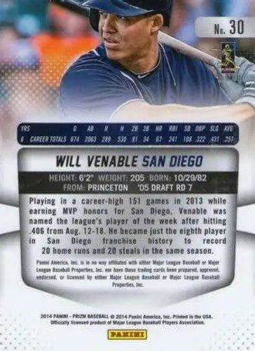 Will Venable baseball card from 2014 Panini Prizm with original gloss and Padres team