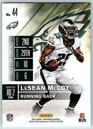 Football trading card featuring LeSean McCoy from 2014 Playoff Contenders Season Ticket