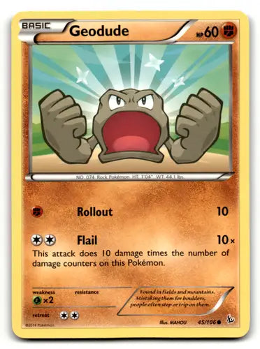 Pokemon Geodude card from 2014 Geodude XY Flashfire with original glossy finish
