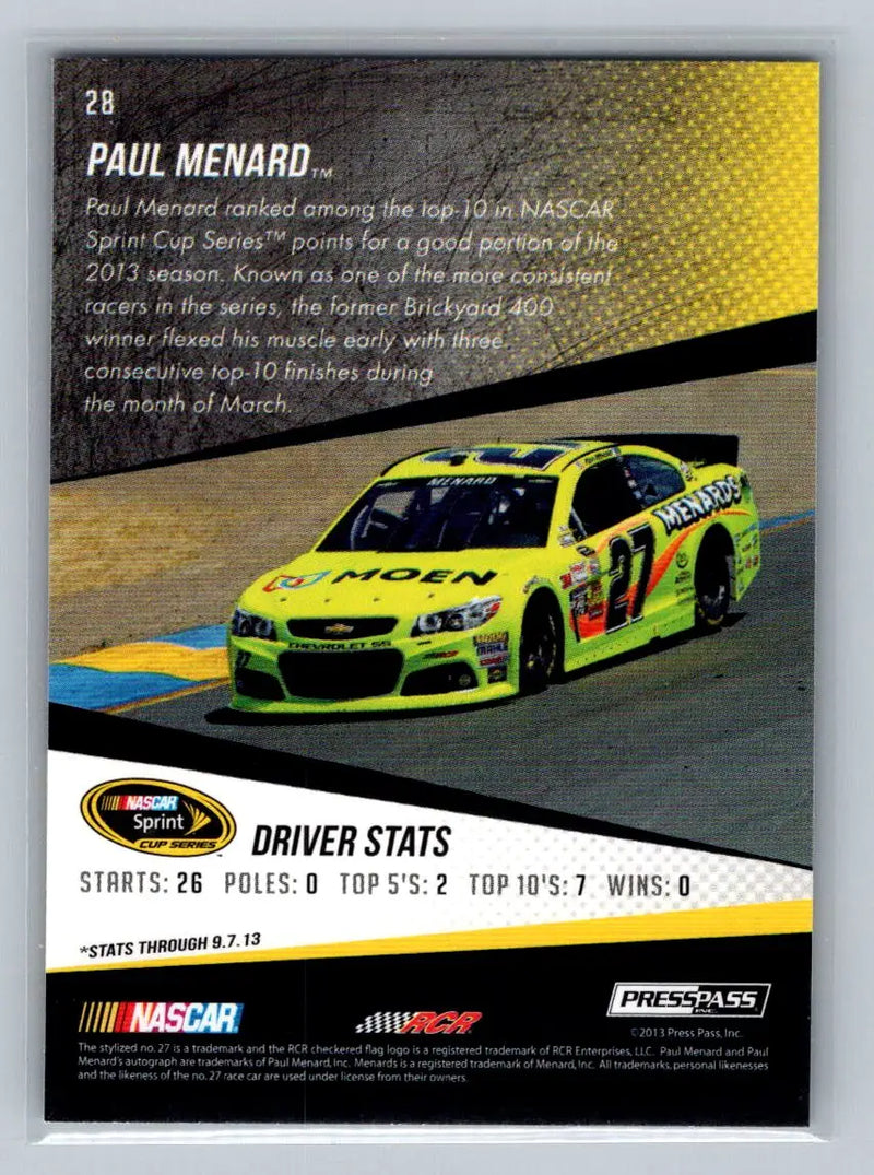 2014 Press Pass #28 Paul Menard Richard Childress Racing - Racing Card Single