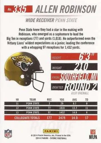 Original gloss of 2014 Score Rookies Allen Robinson football card featuring Simply Sandoval Jaguars