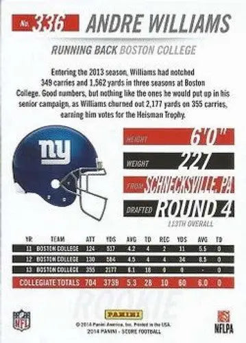 2014 Score Rookies #336 Andre Williams NM-MT RC Rookie NY Giants - Football Card Single