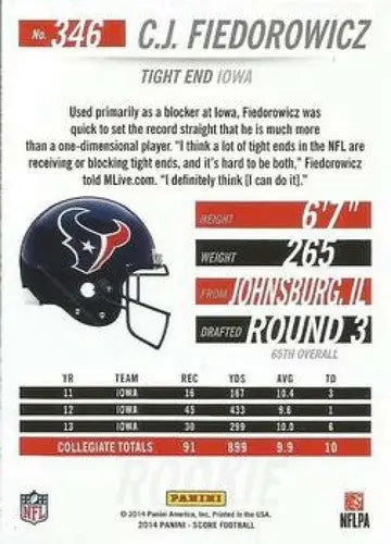 Original gloss C.J. Fiedorowicz football card from 2014 Score Rookies Texans sports cards collection