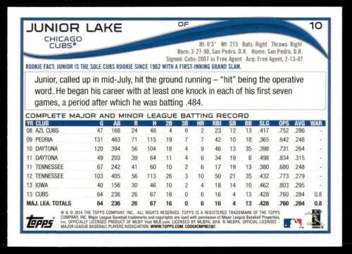 Junior Lake baseball card with original gloss, 2014 Topps NM-MT Cubs ID:72326