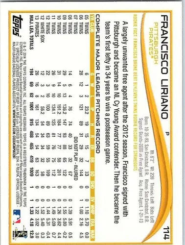 Original gloss baseball trading card featuring Francisco Liriano with player statistics