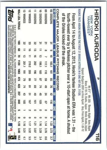 2014 Topps #116 Hiroki Kuroda NM-MT Yankees - Baseball Card Single