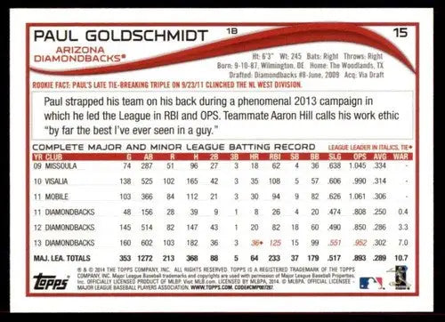 2014 Topps #15 Paul Goldschmidt NM-MT Diamondbacks ID:72051 - Baseball Card Single