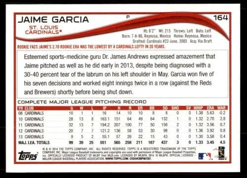 Jaime Garcia baseball card with original gloss, 2014 Topps #164 NM-MT Cardinals