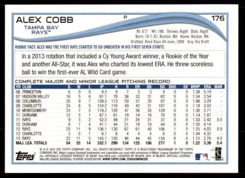 Original gloss Alex Cobb baseball card 2014 Topps NM-MT Rays ID 71673