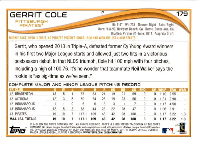 2014 Topps #179 Gerrit Cole - Baseball Card Single