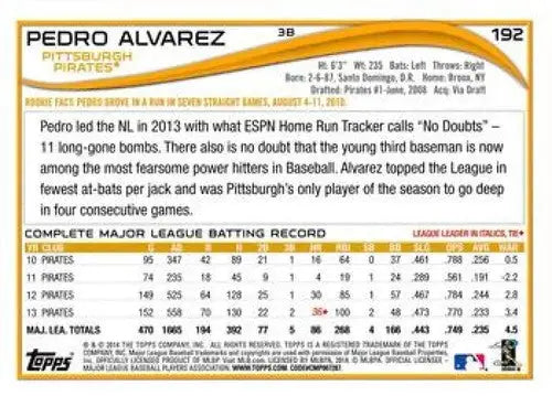2014 Topps #192 Pedro Alvarez NM-MT Pirates ID:5609 - Baseball Card Single
