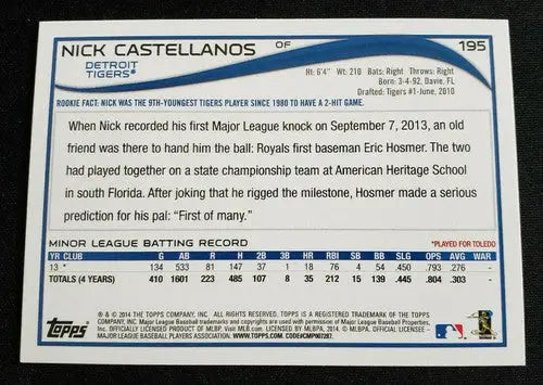 2014 Topps #195 Nick Castellanos NM-MT RC Rookie Tigers ID:71706 - Baseball Card Single