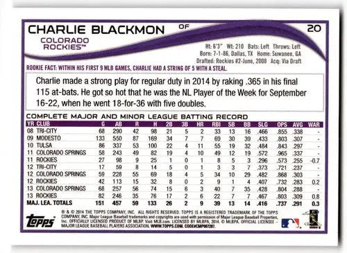 Baseball card back featuring Charlie Blackmon NM-MT from 2014 Topps Rockies