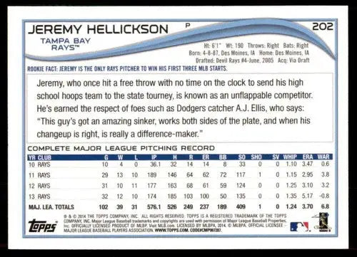Back of 2014 Topps Jeremy Hellickson baseball card with original gloss featuring Rays ID 72137
