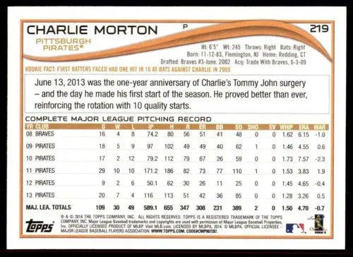 2014 Topps #219 Charlie Morton NM-MT Pirates ID:72577 - Baseball Card Single