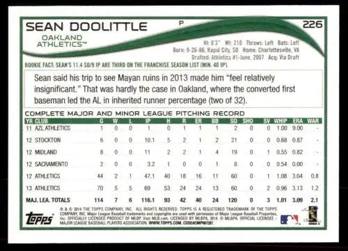 2014 Topps Sean Doolittle baseball card with original gloss NM-MT Athletics ID 71855