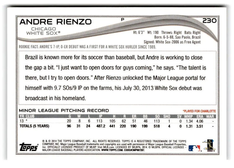 2014 Topps #230 Andre Rienzo - Baseball Card Single