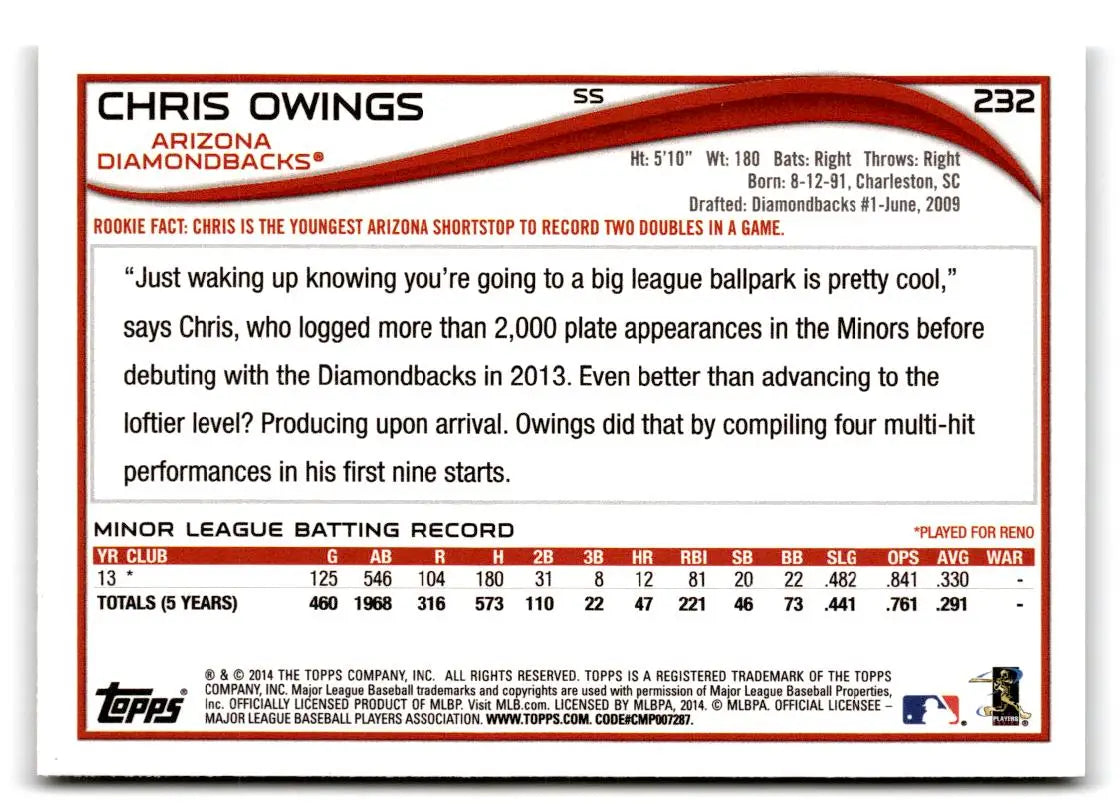 2014 Topps #232 Chris Owings - Baseball Card Single