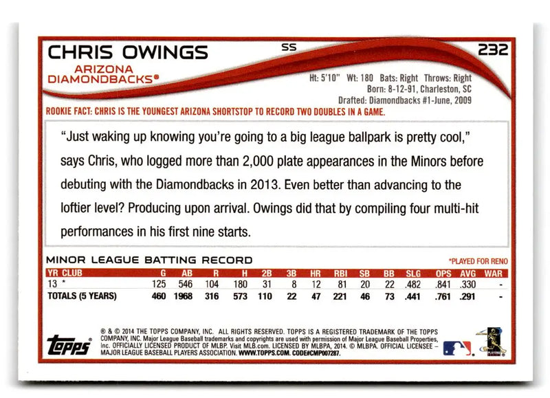 2014 Topps #232 Chris Owings - Baseball Card Single