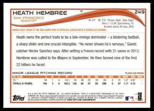 2014 Topps #249 Heath Hembree NM-MT RC Rookie Giants ID:72108 - Baseball Card Single
