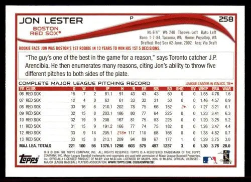 Original gloss baseball card featuring Jon Lester of the Boston Red Sox 2014 Topps #258