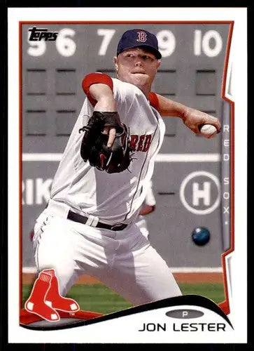 Original gloss baseball trading card of Jon Lester pitching for the Red Sox