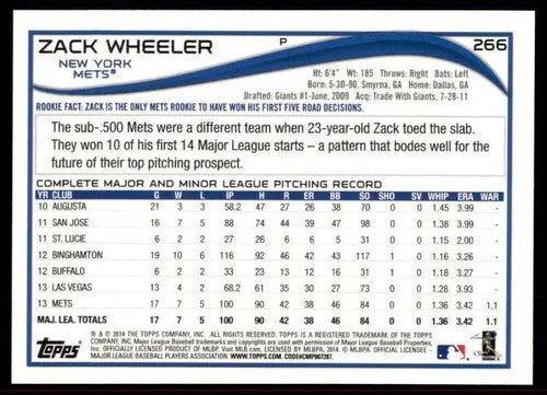 2014 Topps #266 Zack Wheeler NM-MT Mets ID:73305 - Baseball Card Single
