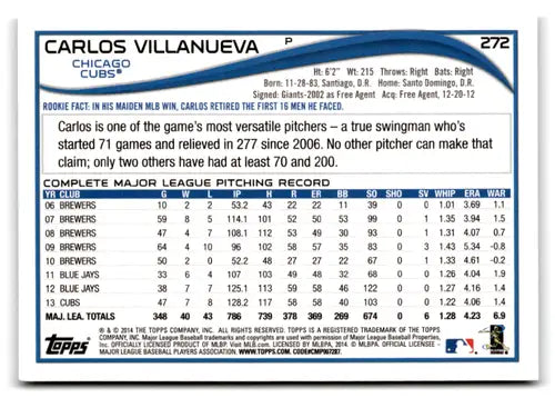 2014 Topps #272 Carlos Villanueva NM-MT Cubs ID:73541 - Baseball Card Single