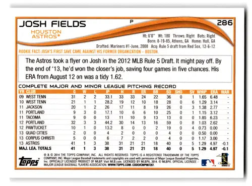 2014 Topps #286 Josh Fields NM-MT Astros ID:70900 - Baseball Card Single